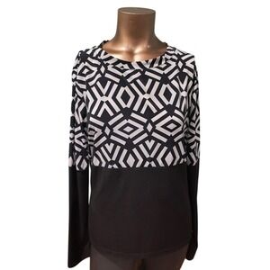 Calvin Klein Geometric Print Long Sleeve Top Women Size M Black White‎